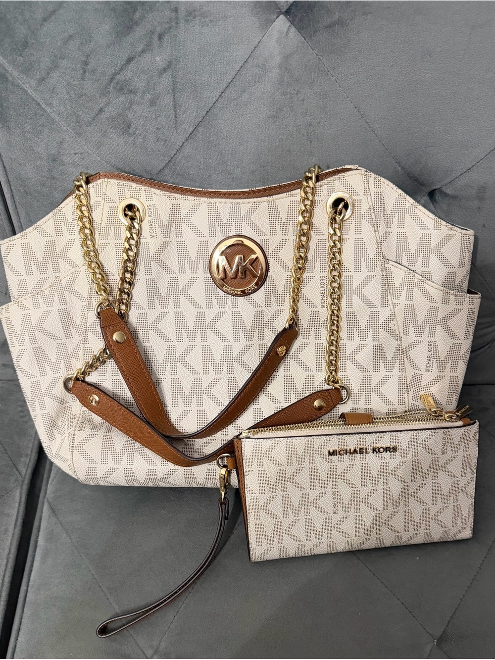 Michael Kors Cream & Brown MK Logo Chain-Strap Tote with Wristlet
